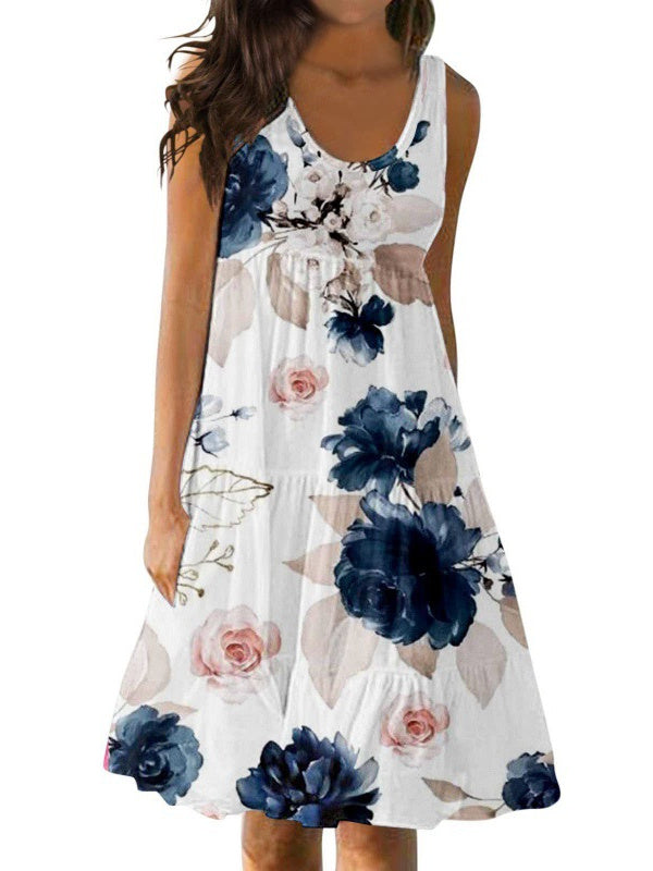 Women's Casual U-neck Sleeveless Printed Loose Patchwork Dress