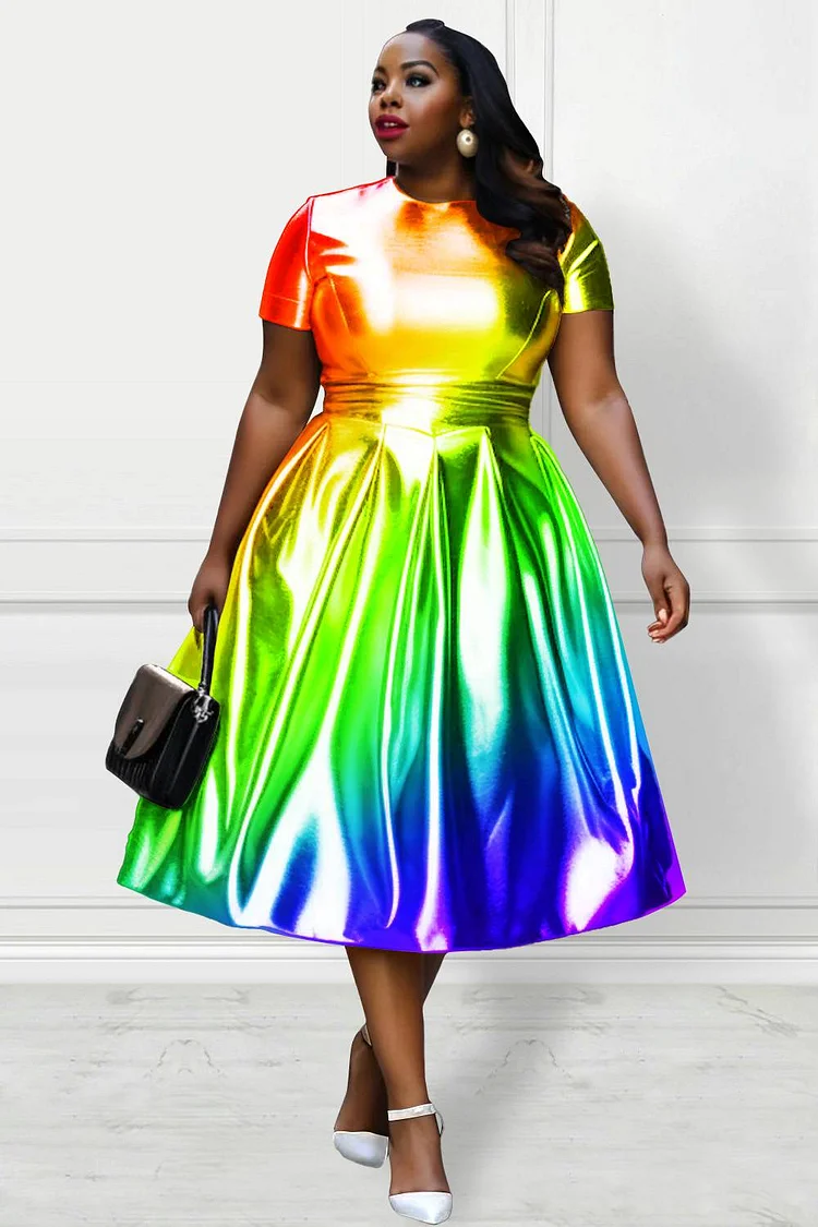 Xpluswear Design Plus Size Party Rainbow Gradient Round Neck Short Sleeve Glitter Midi Dresses [Pre-Order]