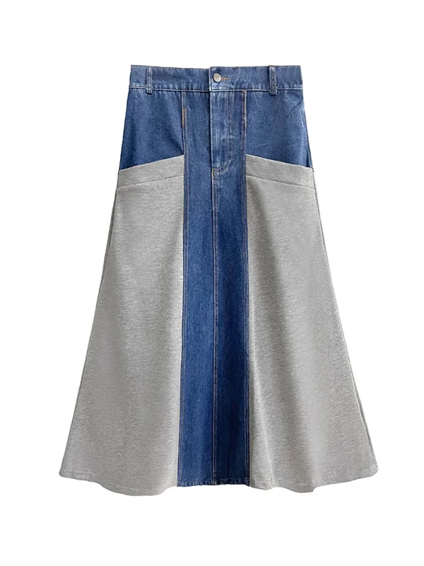 A-Line Loose Buttoned Contrast Color Split-Joint Denim Skirts Bottoms