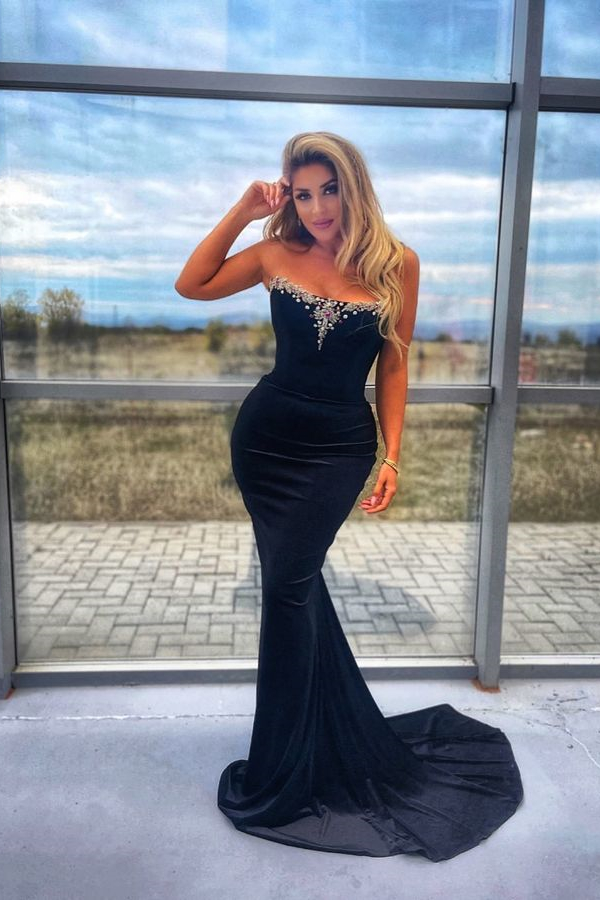 Modern Black Strapless Prom Dresses Mermaid Long With Beads Online - lulusllly