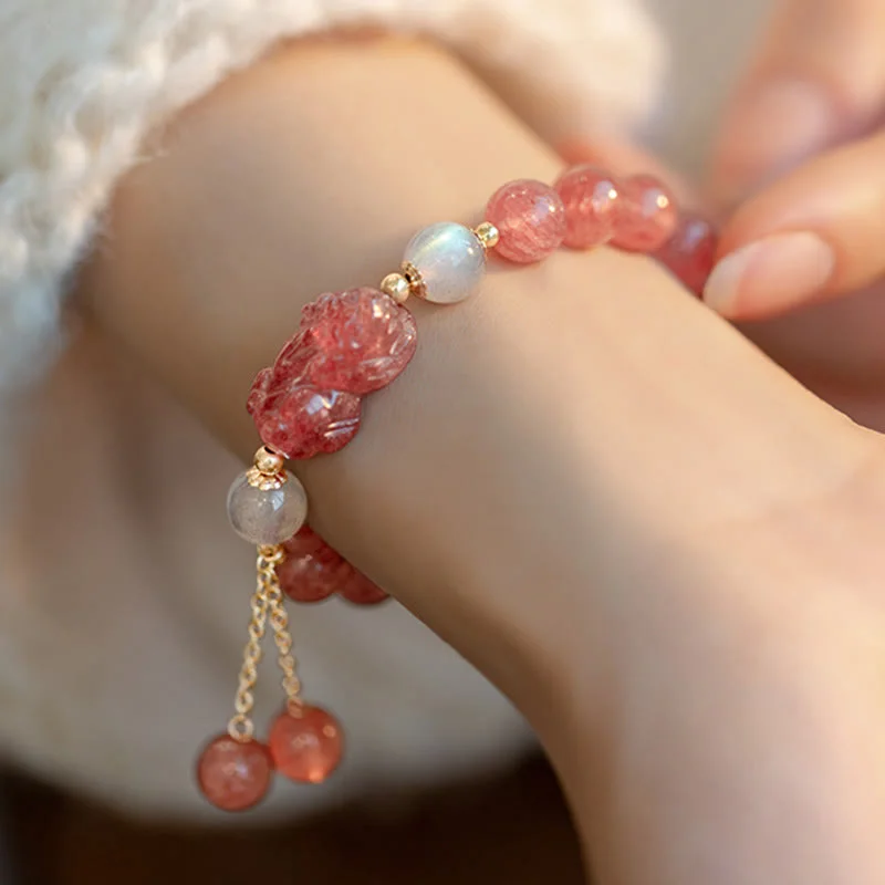 Natural Strawberry Quartz Moonstone PiXiu Love Healing Bracelet