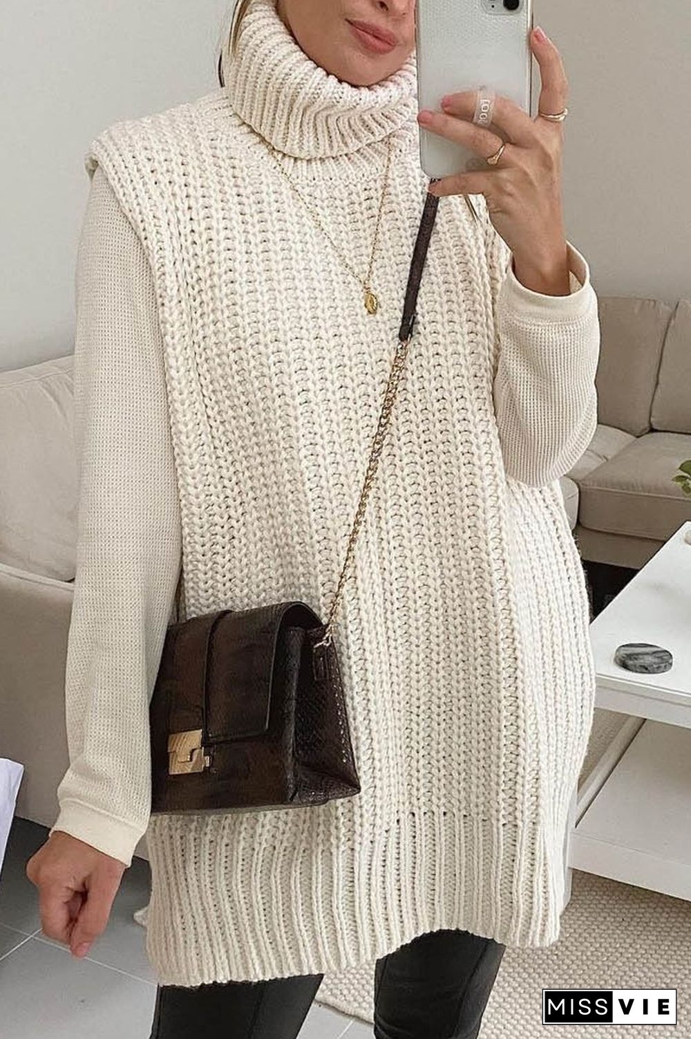 Turndown Collar Sleeveless Casual Sweater