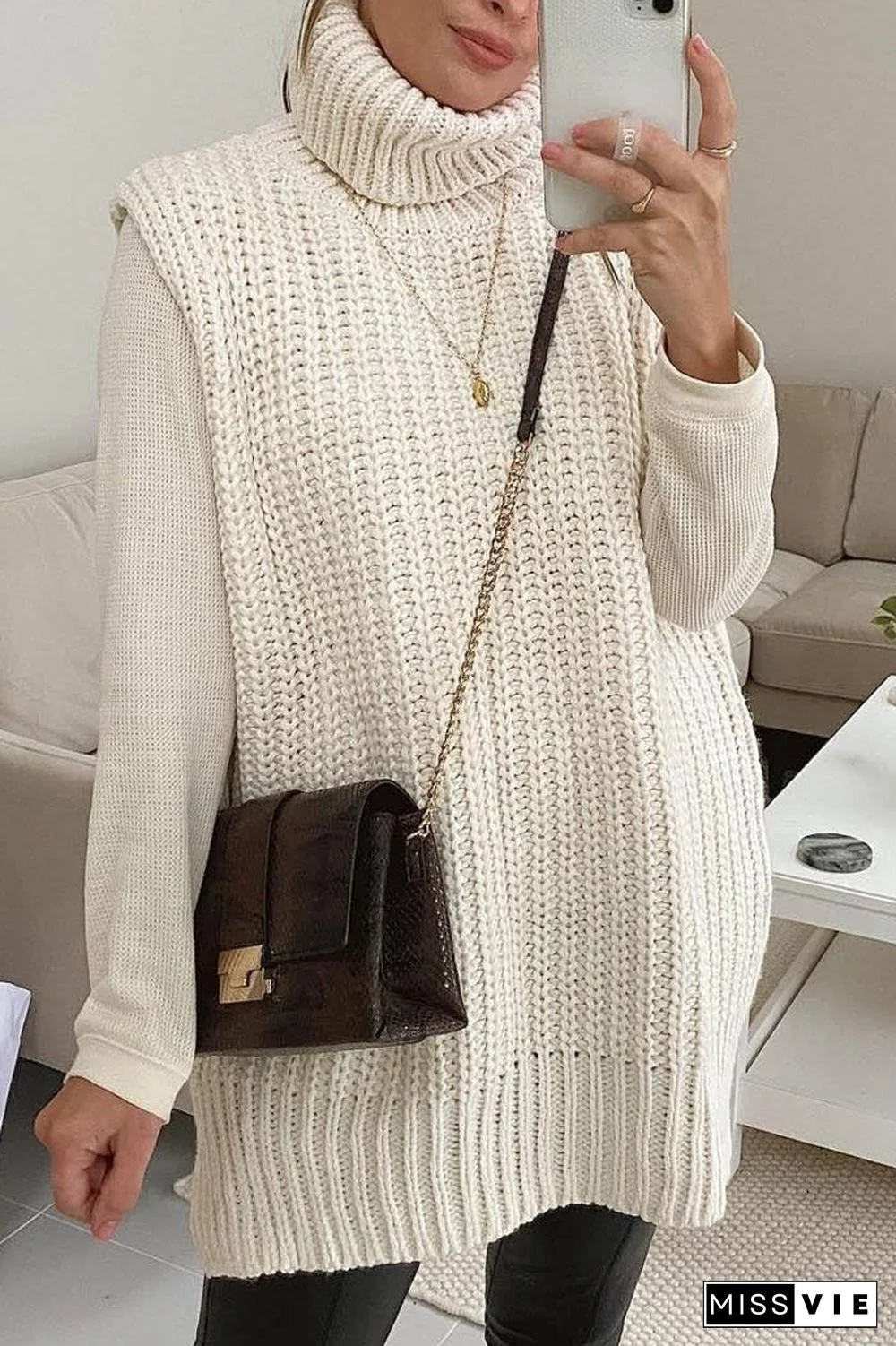 Turndown Collar Sleeveless Casual Sweater