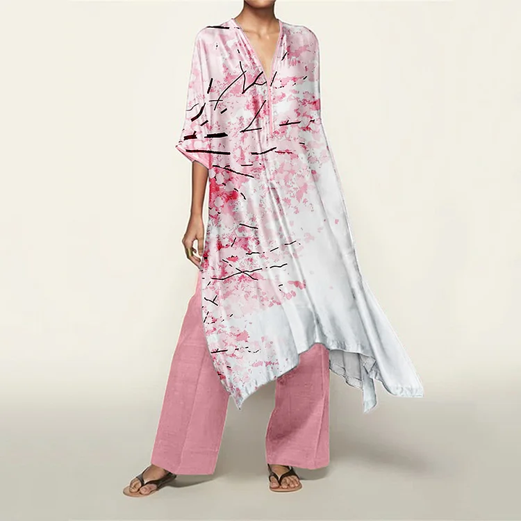 Elegant Cherry Blossom Flowy Kaftan & Pants Set