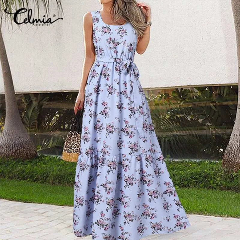 Celmia 2022 Women Summer Dress Sexy Sleeveless Floral Print Belted Long Dress Casual Loose Party A Line Oversize Sundress Beach
