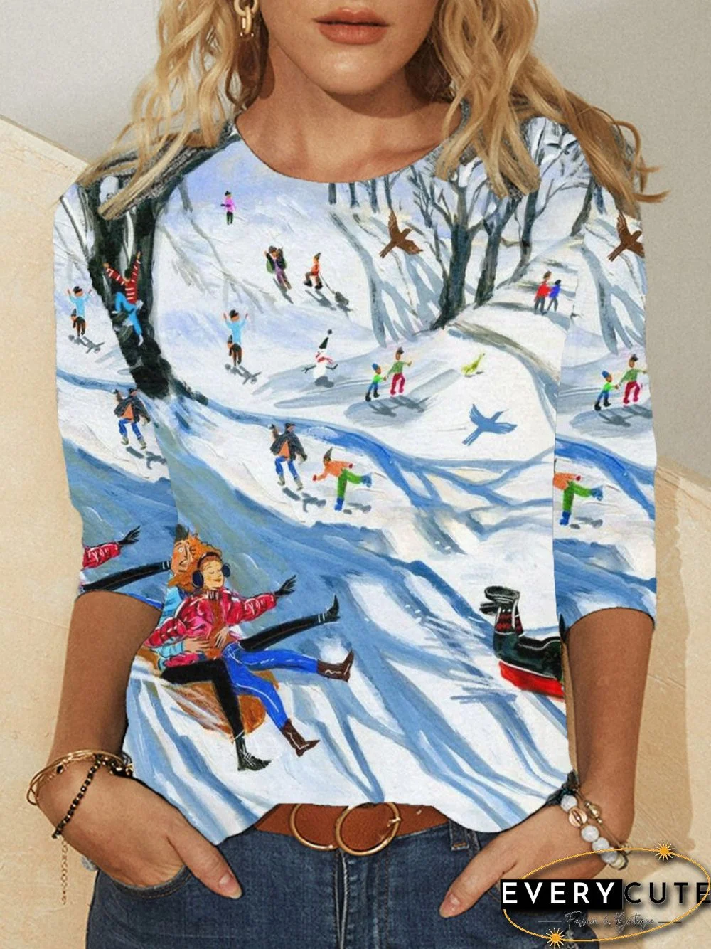 Casual Long Sleeve Round Neck Plus Size Printed Tops T-shirts