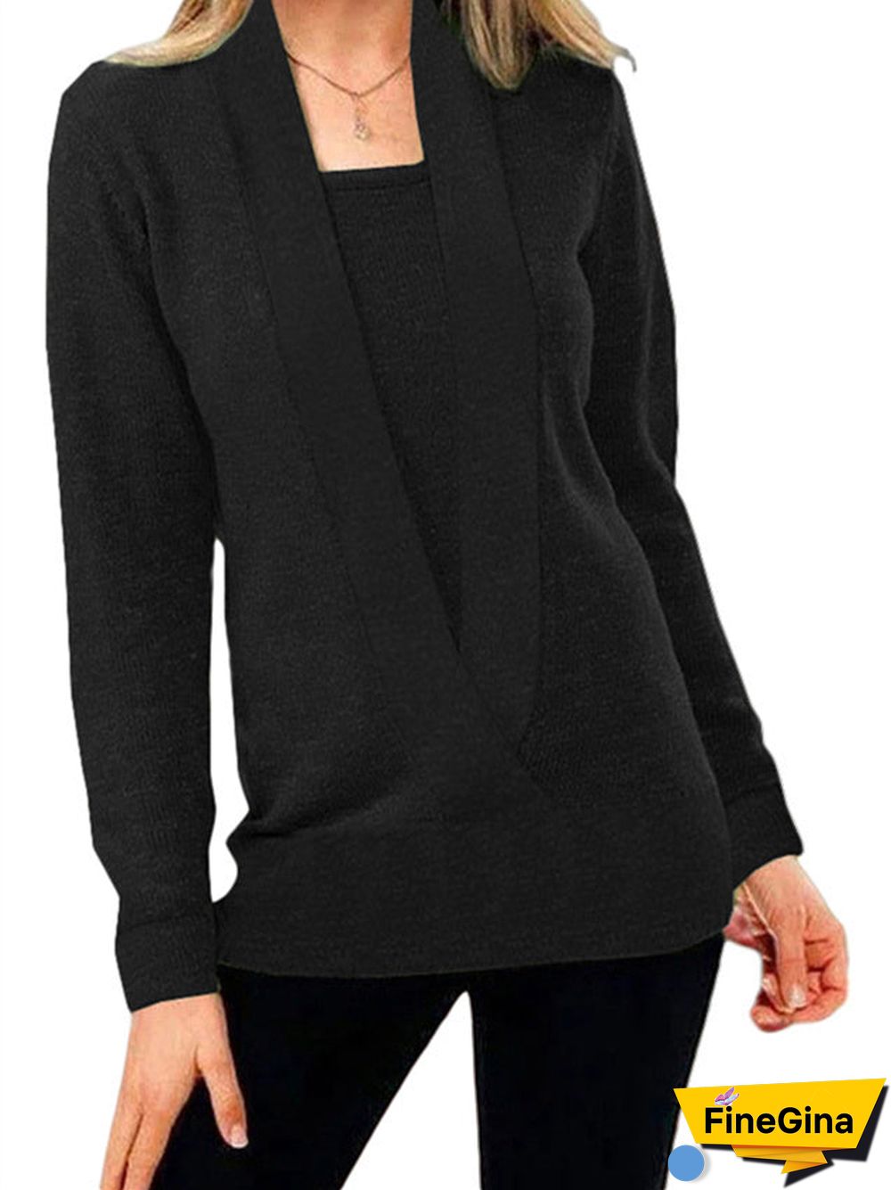 Women's Solid Color Square Collar Fake Two Long Sleeve Top