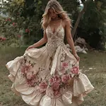 Women's Vintage Roses Embroidery Art V-neck Suspender Maxi Dress - Image 2