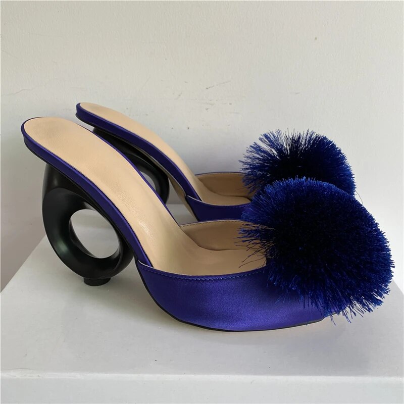 VCSHOES Satin Slingbacks Runway Mules Lady Round Circle Strange High Heels Pompoms Open Toe Sandals Women
