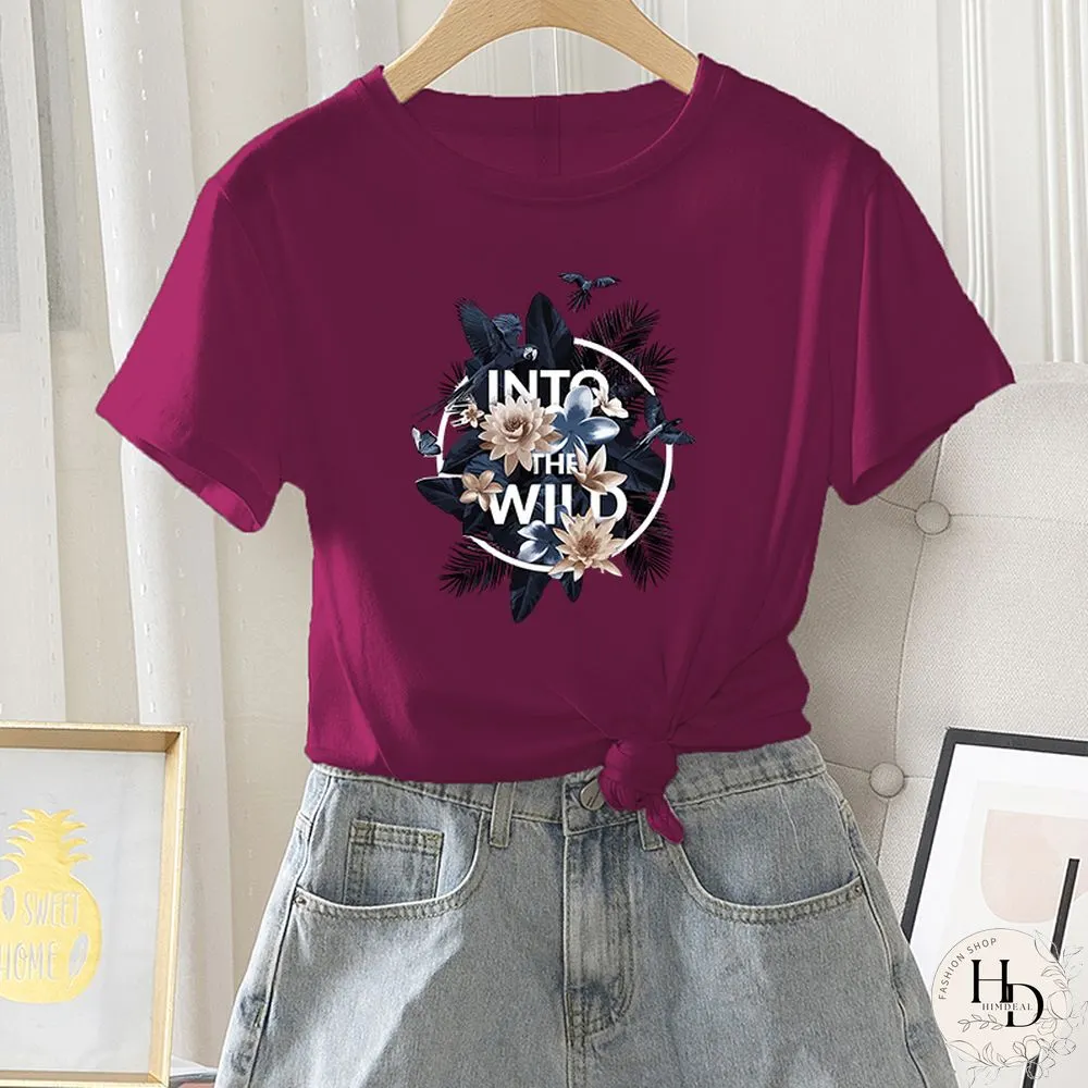 Womens Fashion Short Sleeve Summer Casual Regular T-Shirt Letter Flower Print Ladies
