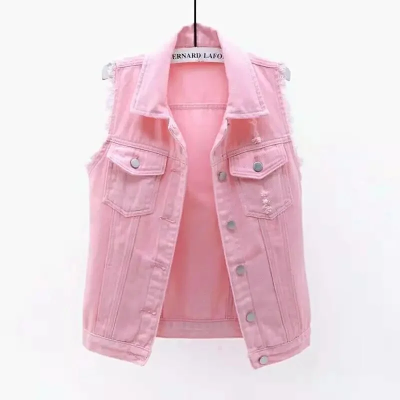 Candy color denim vest ladies short 2021 spring and autumn new style Korean version of raw edge lapel cardigan vest for women
