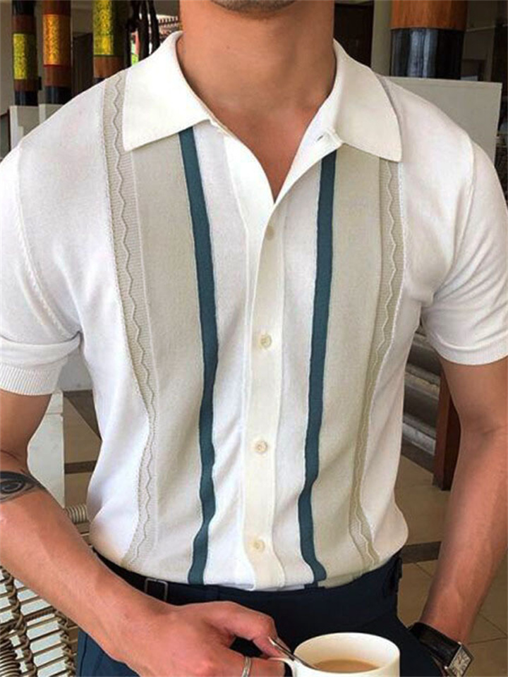 Men's Summer New Men's Knitted Shirt Lapel Pullover Casual Striped Polo Shirt Casual White M-3XL