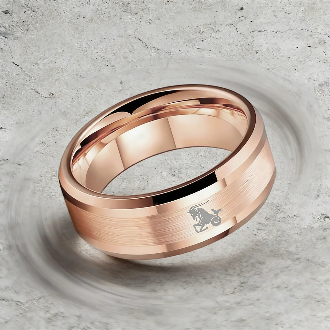 Mens Womens Rose Gold Capricorn Tungsten Carbide Band Rose Gold Edges and Laser Etched Wedding Rings Comfort Fit 4MM 6MM 8MM