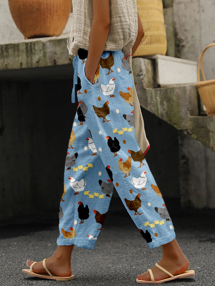 Comstylish Hens and Chicks Graphic Vintage Linen Blend Casual Pants