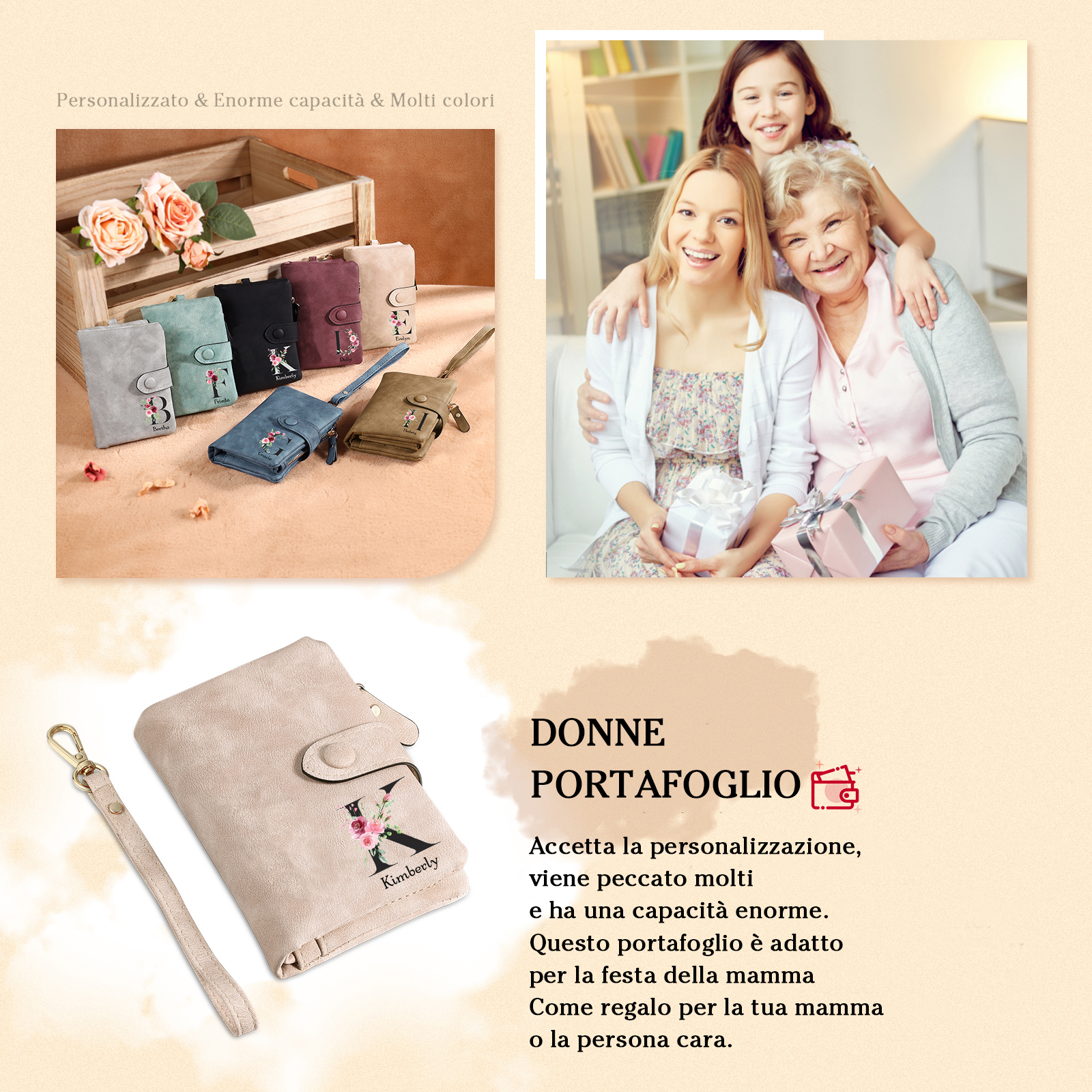 Portafoglio mano nella mano in PU pelle con 7 nomi & 1 testo & 1 lettera personalizzati per mamma