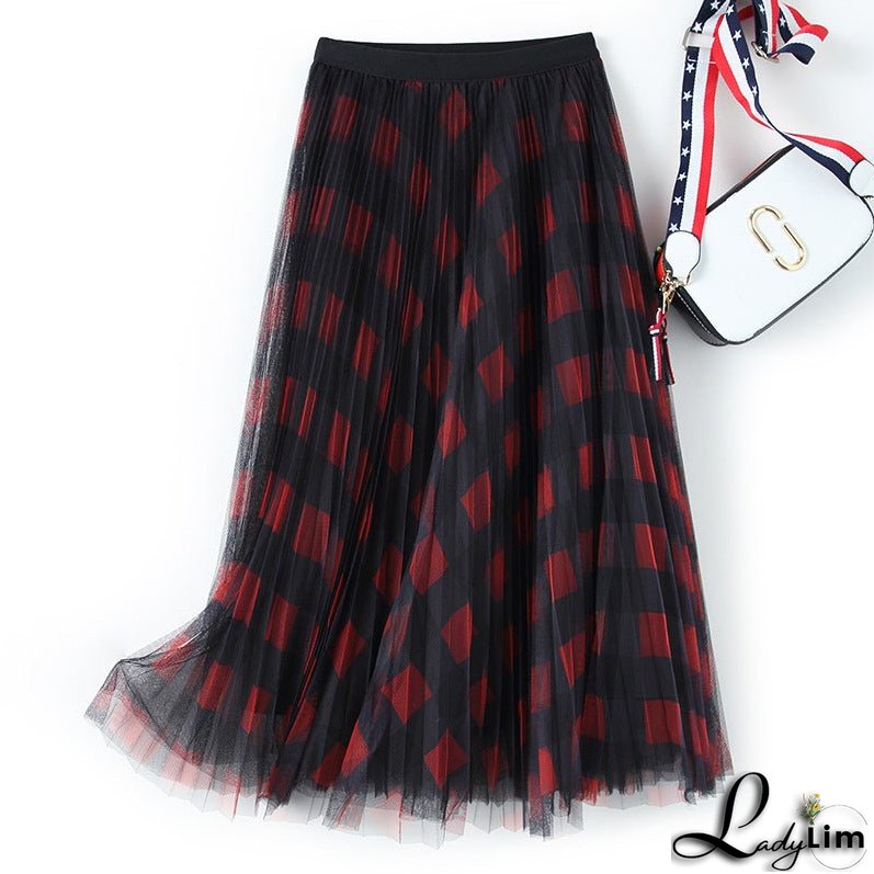 Spring High Waist Mid-length Pleated Skirt Mesh Skirt