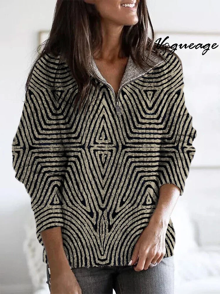 Simple Advanced Symmetrical Black Line Art Zippered Long-Sleeved Sweater