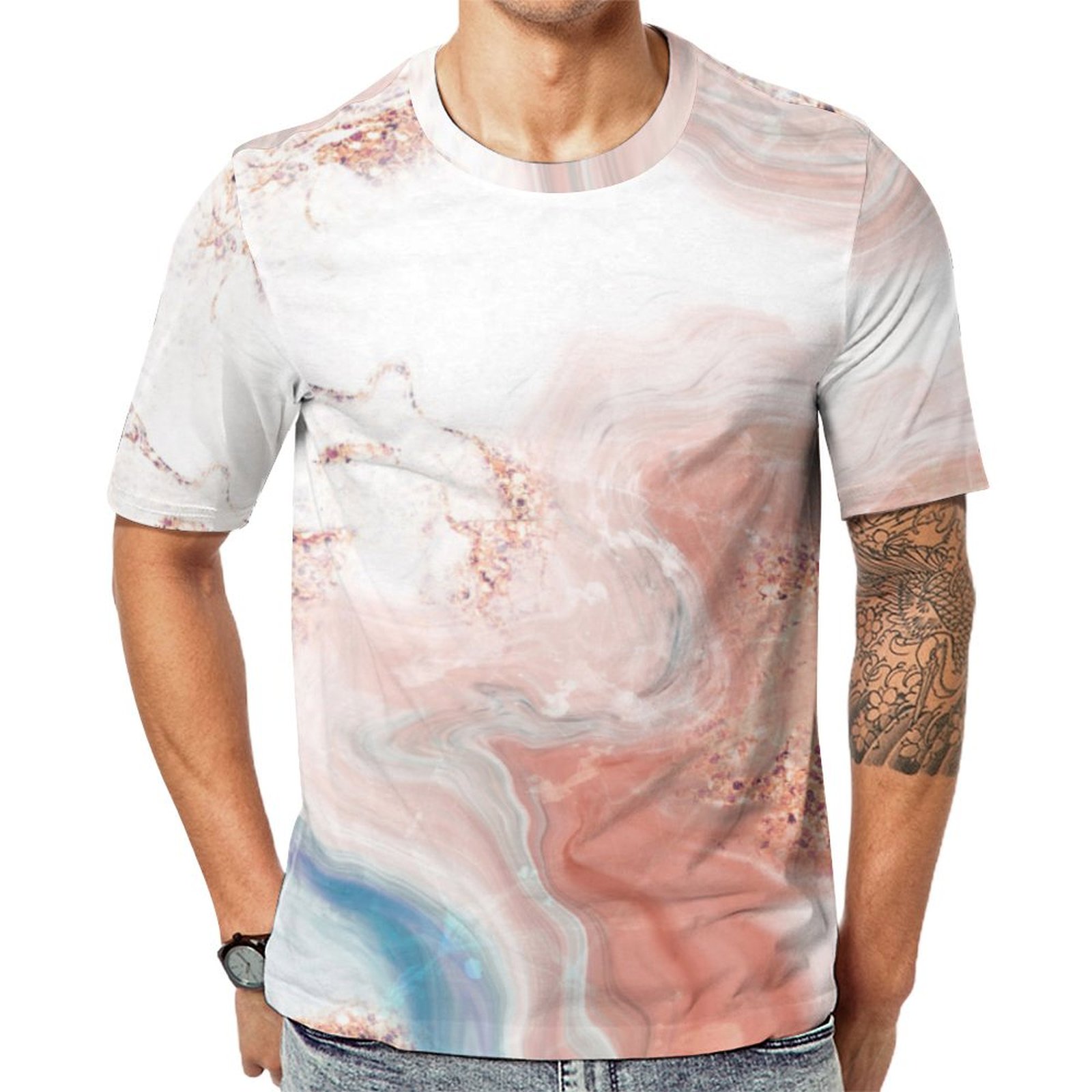 Tie Dye Pink Blue Glittering Marble Short Sleeve Print Unisex Tshirt Summer Casual Tees for Men and Women Coolcoshirts