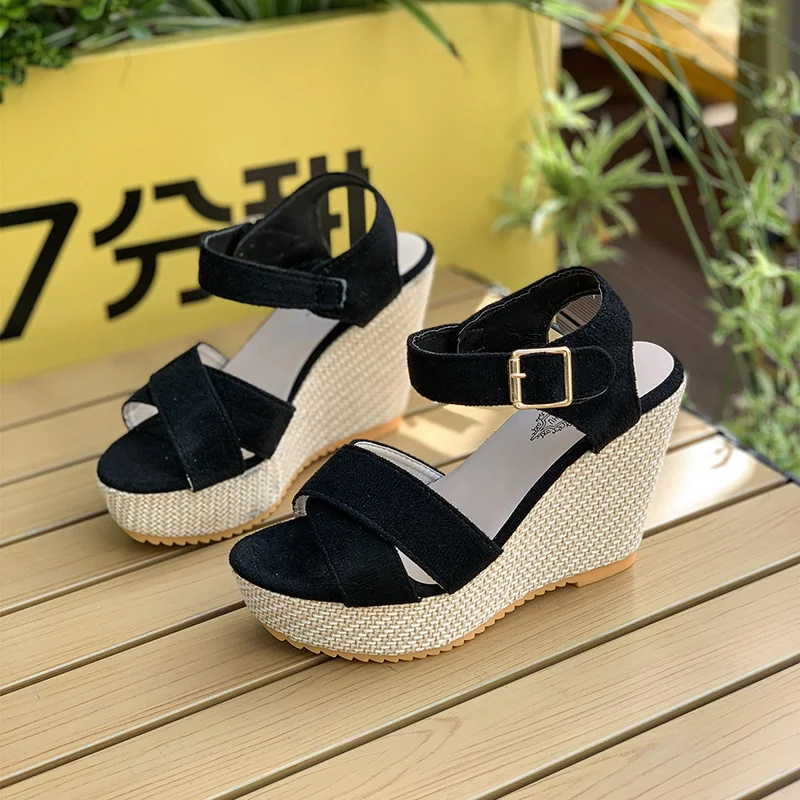 Yyvonne Buckle With Hemp Rope Comfortable Summer New Sloped Sandals Cross Fish Mouth Water Table High Heels Women's Shoes