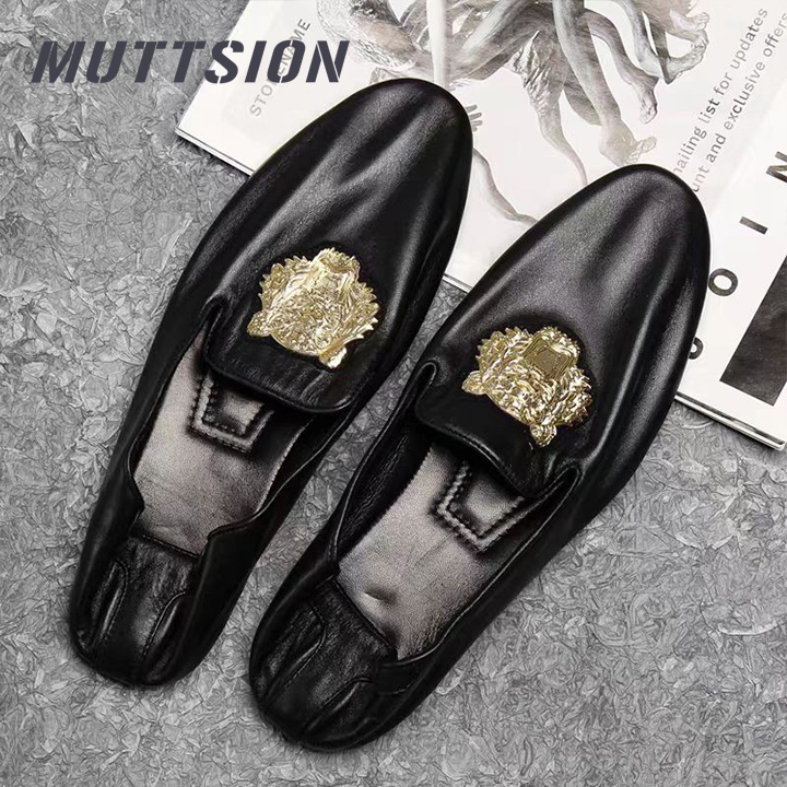 MUTTSION New Fashion Gold Tiger Head Wallet Style Loafers Driving Shoes