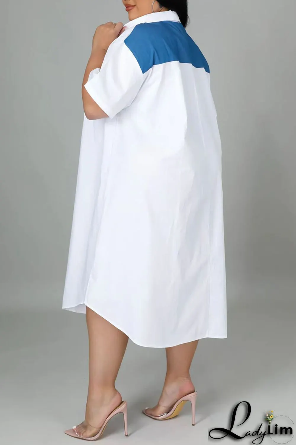 Light Blue Casual Solid Patchwork Zipper Collar Straight Plus Size Dresses