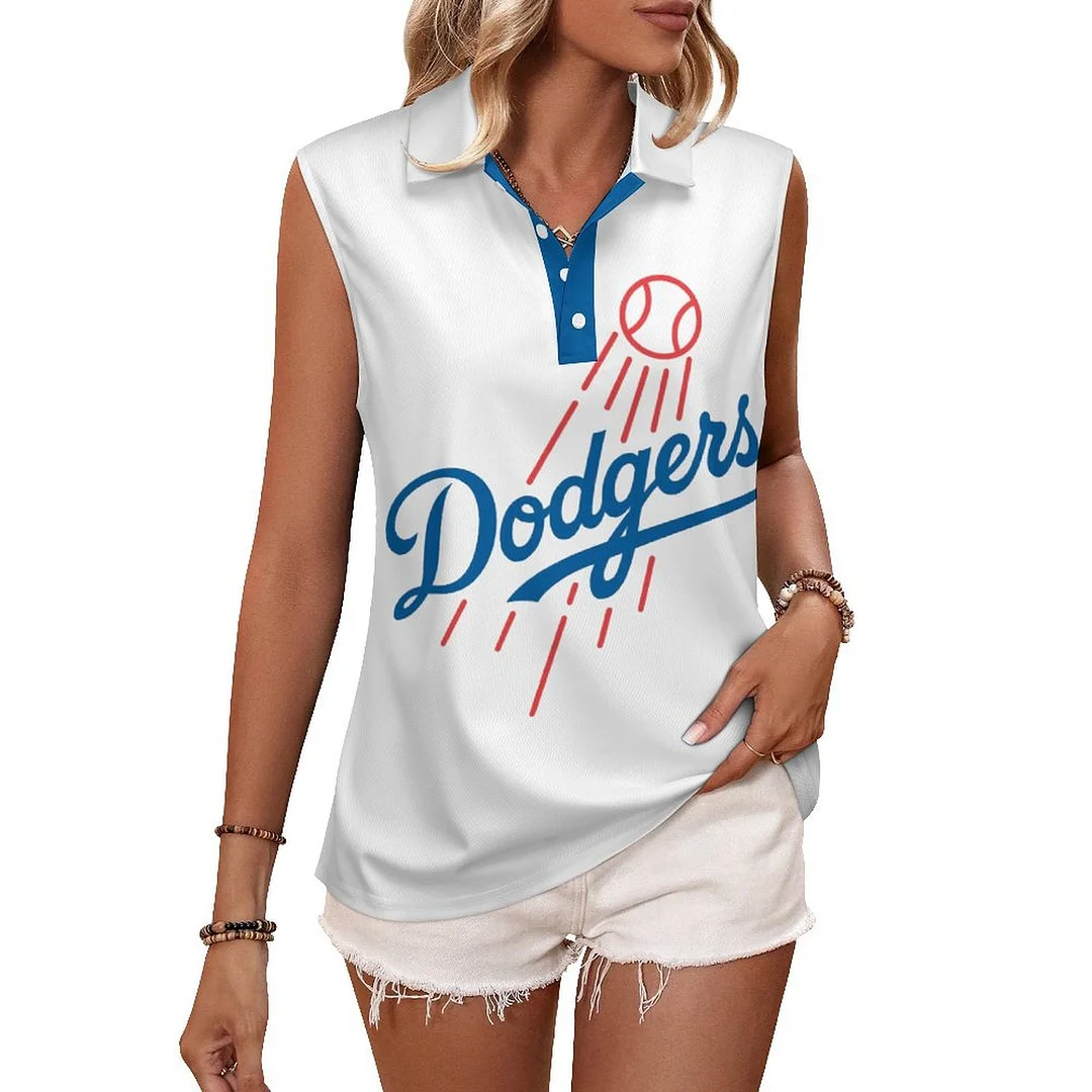 V-neck Sleeveless Casual POLO Shirt Tank Top for Women Printed with Pattern , Blue, Red,