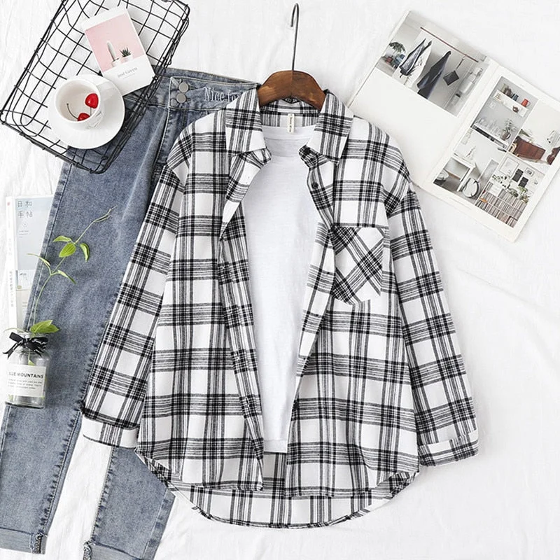 2022 Spring New Plaid Flannel Shirt Women Blouses And Tops Retro Cotton Lady Loose Outwear Chemisier Femme