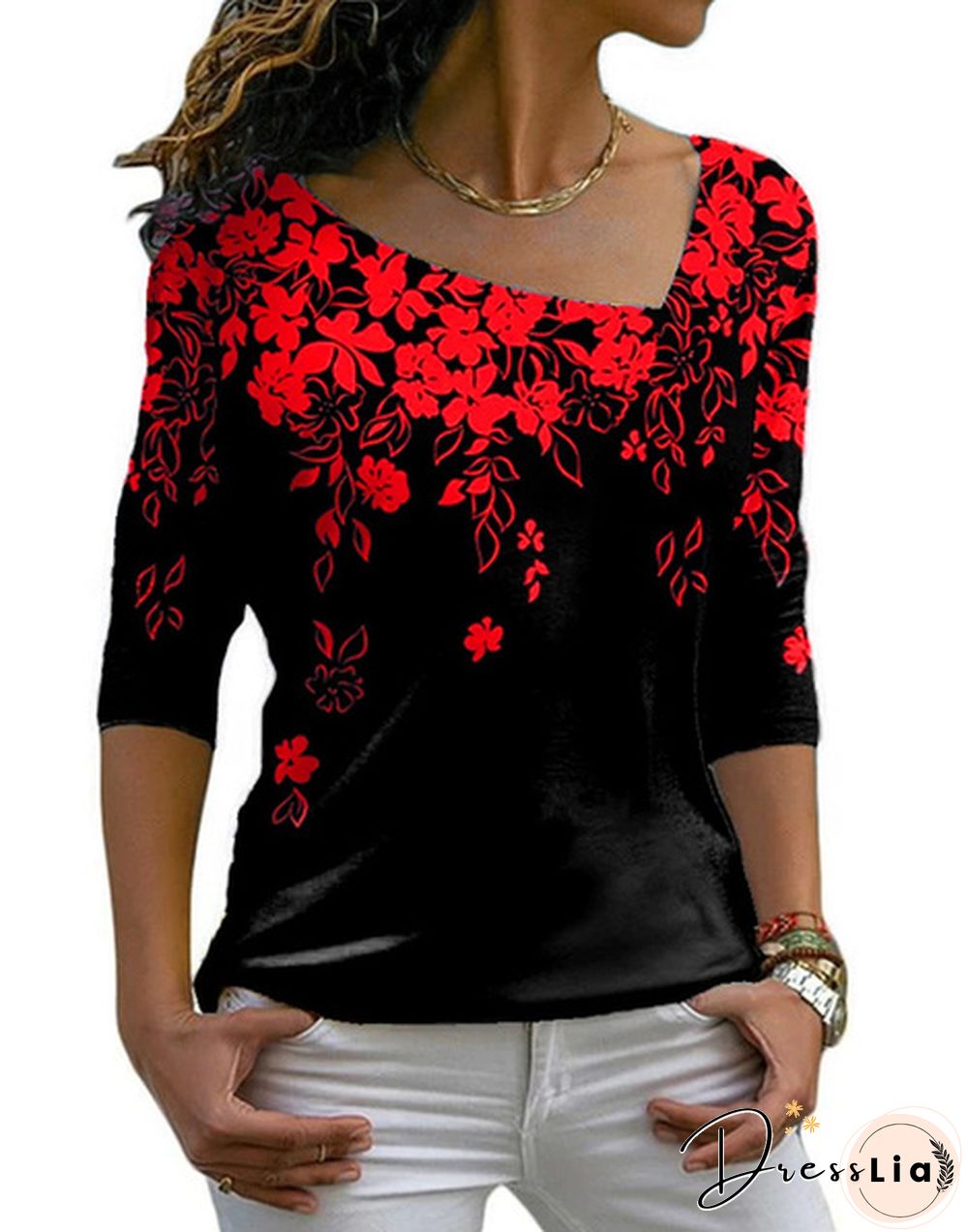 Spring and Early Autumn New Fashion Womens Floral Printed Long Sleeve Irregular V-neck