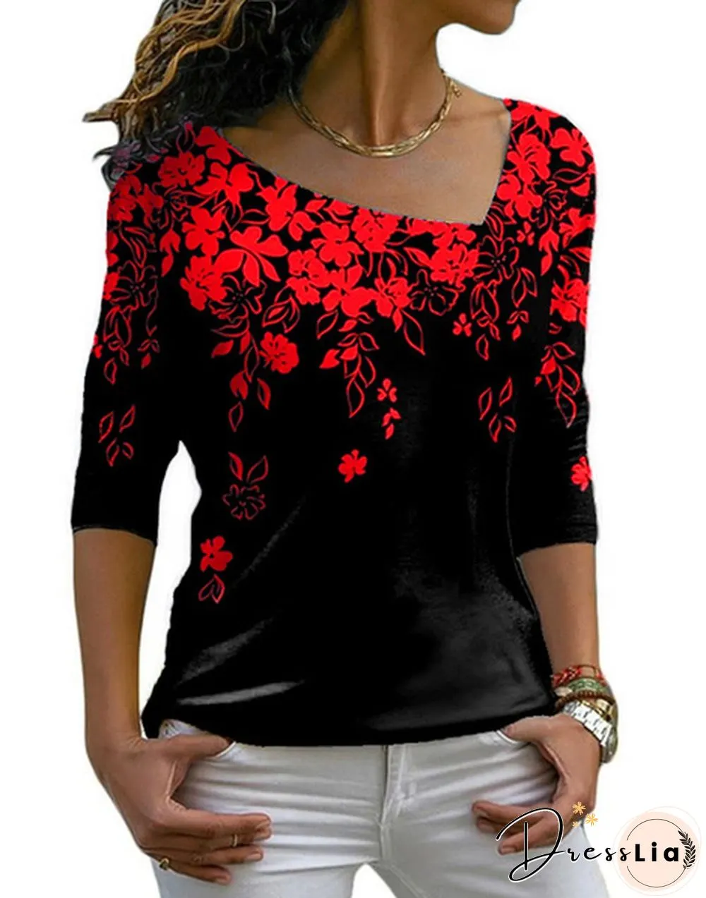 Spring and Early Autumn New Fashion Womens Floral Printed Long Sleeve Irregular V-neck