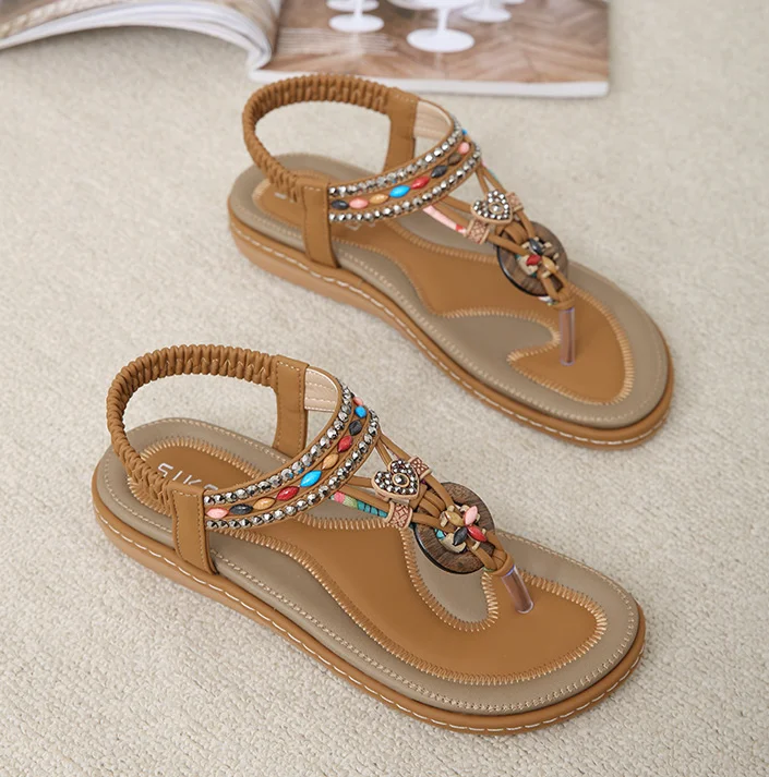 Casual Fashion Wood Bead Buckle Rhinestone Flat Beach Sandals