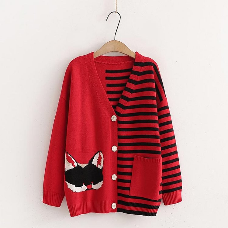 Cat Embroidery Pocket Cardigan Sweater - Modakawa Modakawa