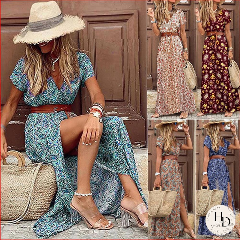 Summer Womens Fashion Retro Floral Elegant Dress Ladies Loose Casual Long One-_piece