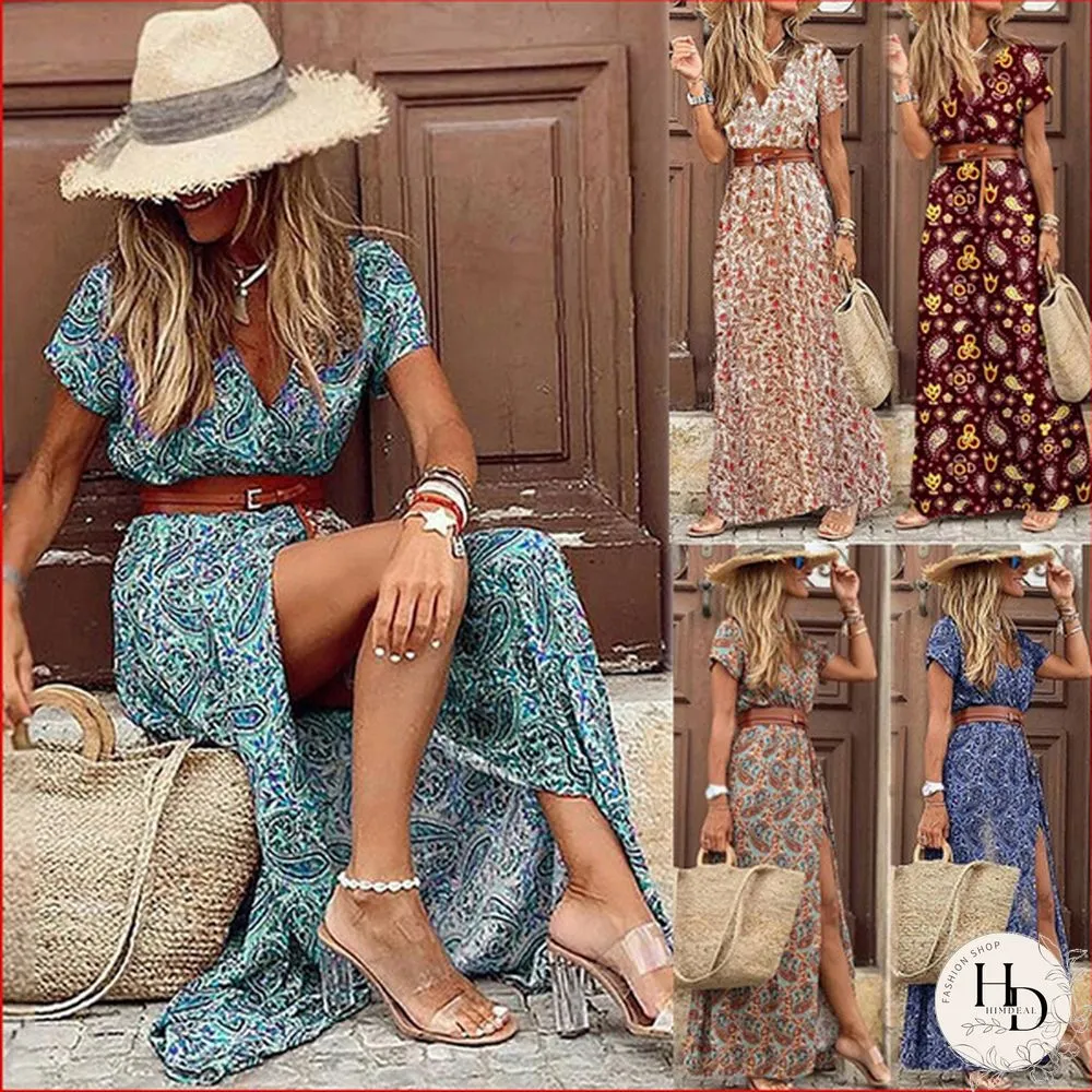 Summer Womens Fashion Retro Floral Elegant Dress Ladies Loose Casual Long One-_piece