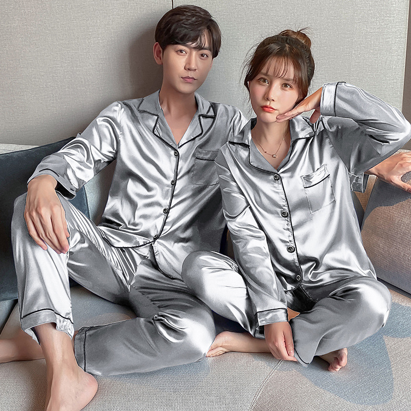 Xinkeke Pajama Couple Ice Silk Pajamas Imitation Silk Long Sleeve Women's Home Wear Casual Loose Large Men's Home Wear Sleepwear
