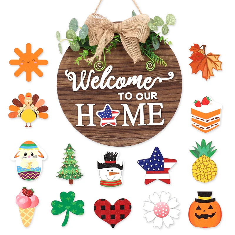 Interchangeable Welcome to Our Home Wood Round Wreath、、sdecorshop