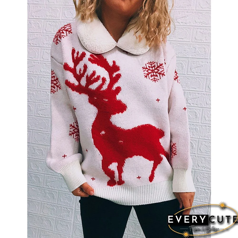 White Lapel Collar Deer Snoflake Print Christmas Sweater