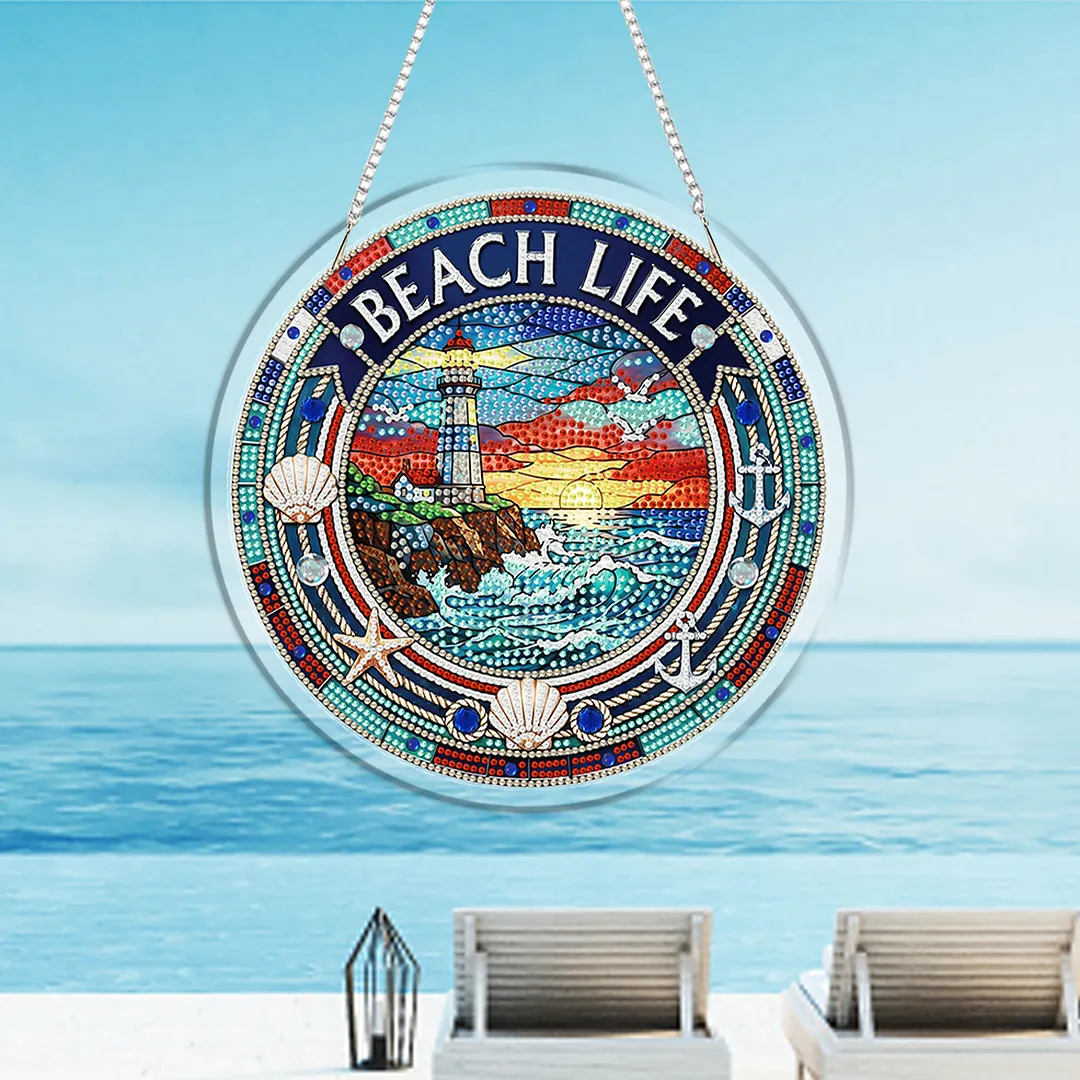 Beach Life DIY 2D Flat Acrylic 5D DIY Diamond Painting Dots Pendant with Crystal Special Shape Rhinestone Diamond Painting Pendant Kits Single-Sided Drill Hanging Diamond Art Set for Home Garden