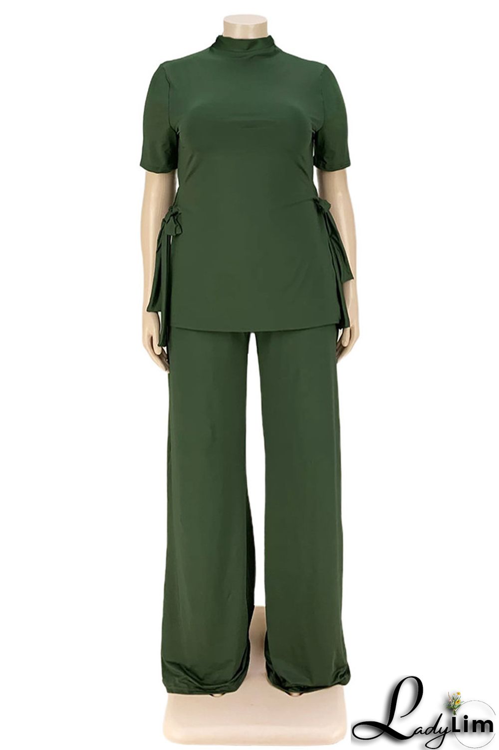 Black Fashion Casual Solid Bandage Slit Turtleneck Plus Size Two Pieces