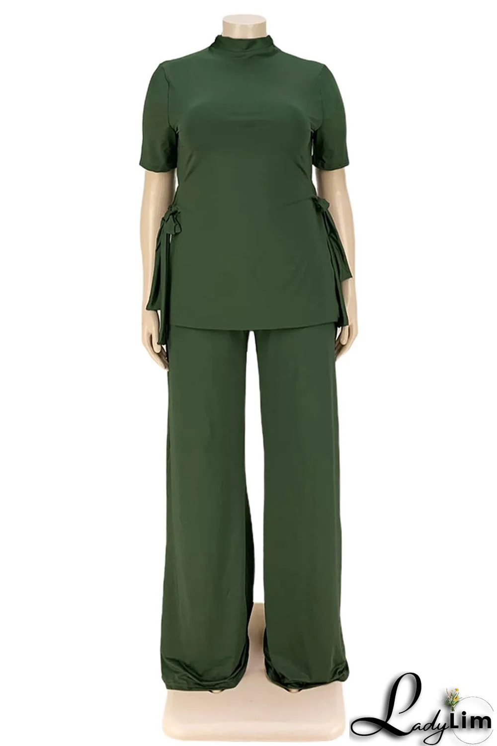 Black Fashion Casual Solid Bandage Slit Turtleneck Plus Size Two Pieces