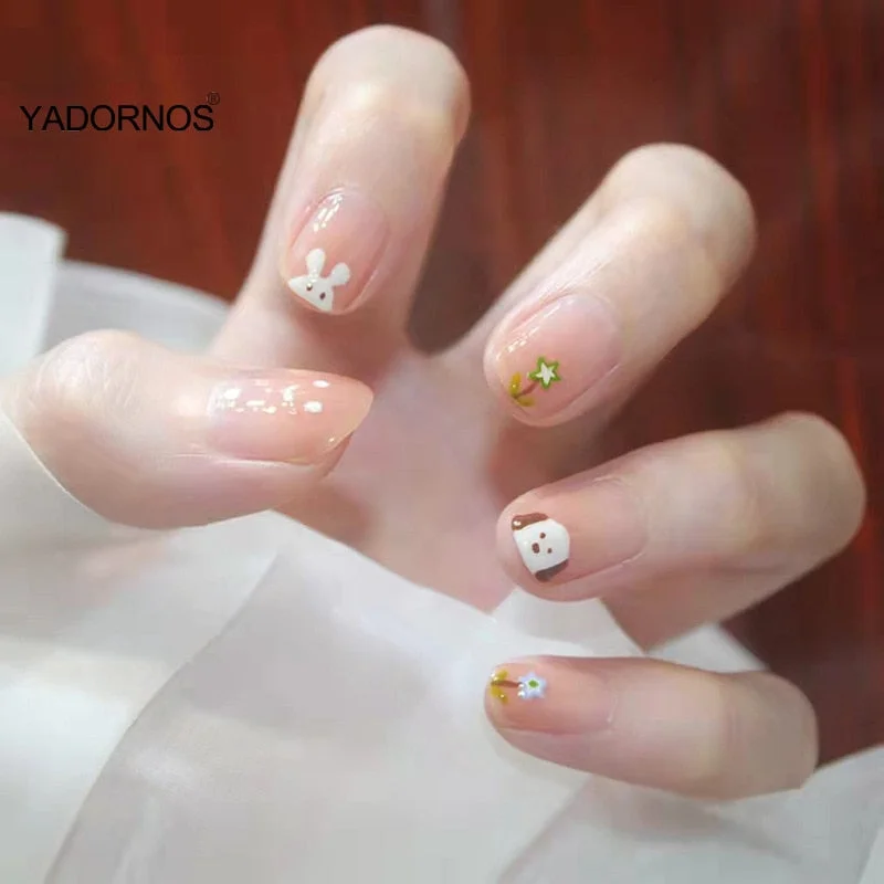 24PCS Cute Animal Nail Patch Sweet Style Cartoon Dog & Rabblt Removable Save Time Short Fake Nails with Glue TY