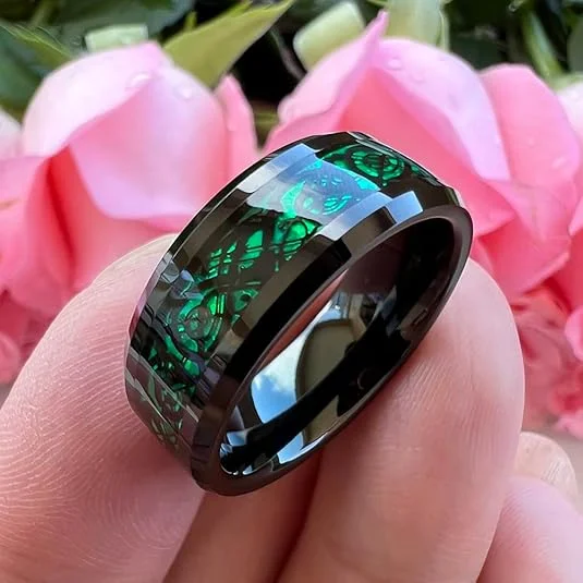 6MM 8MM 10MM Tungsten Carbide Men's Black with Green Celtic Dragon Knot Wedding Rings