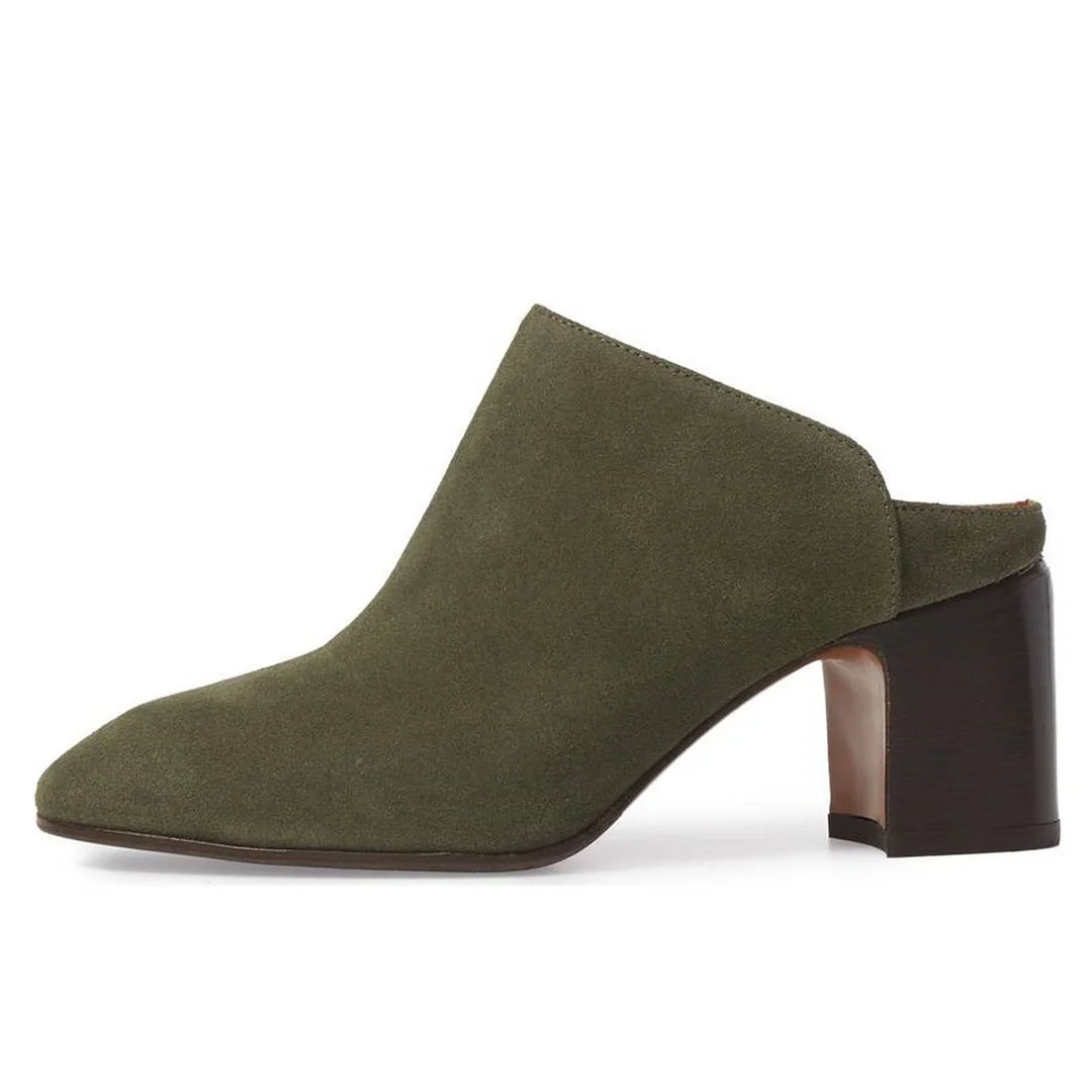 Vegan Suede Slip-On Round Toe Block Heel Mules for Women in Olive