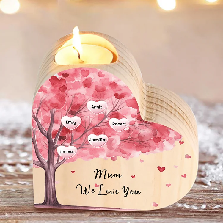 5 Names-Personalized Pink Heart Tree Heart-Shape Candlestick Set With Gift Box Custom Text  Mother's Day Gift Wooden Custom Candle Holder For Family