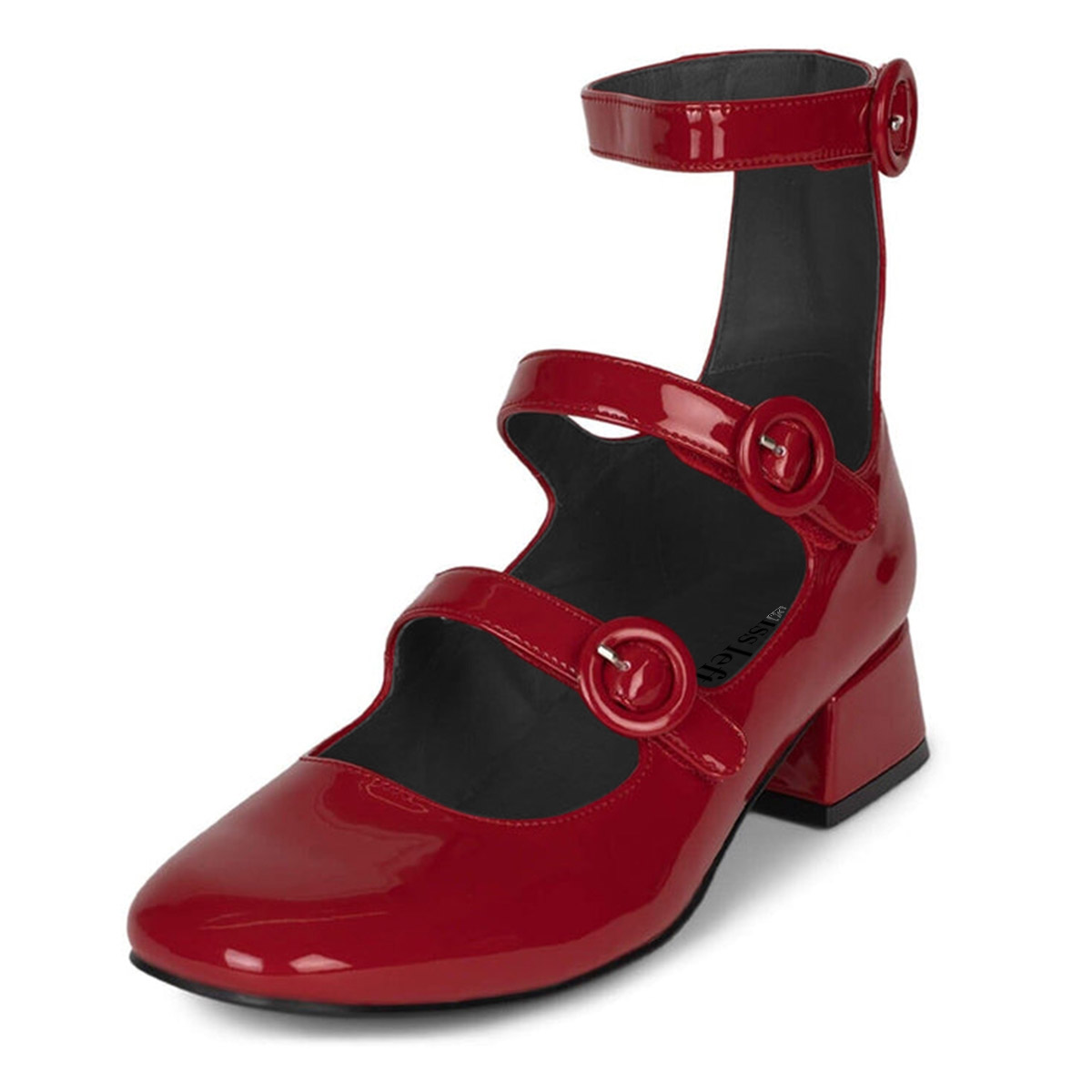 Red Patent Buckle Strappy Round Toe Chunky Heel Mary Jane Shoes Nicepairs