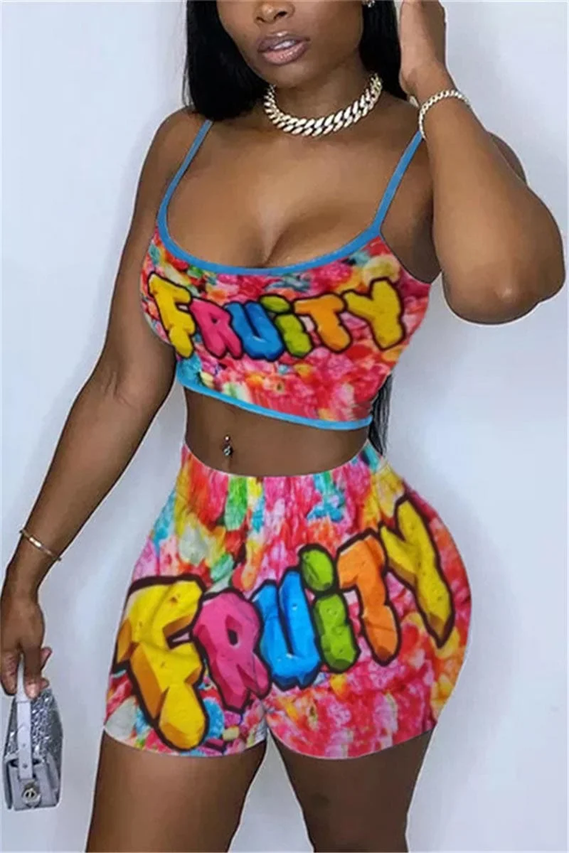 Sexy Sling Top Shorts Print Two Piece