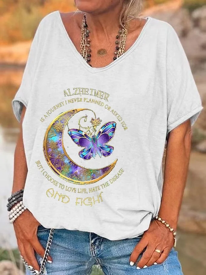 Women's Fight Alzheimer's Disease Awareness Butterfly Print V-Neck T-Shirt socialshop