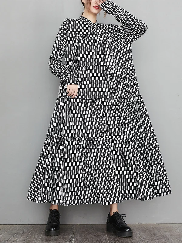 Casual Long Sleeves Loose Buttoned Contrast Color Printed Split-Joint Stand Collar Midi Dresses