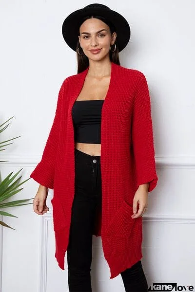 Open Front Long Sleeve Longline Cardigan with Pockets