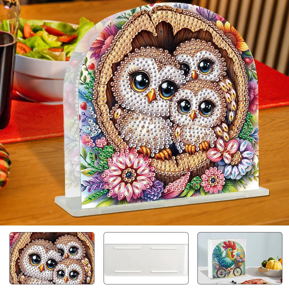 DIY Flower Owl Acrylic Napkin Holder Diamond Painting Kit for Home Table Decor
