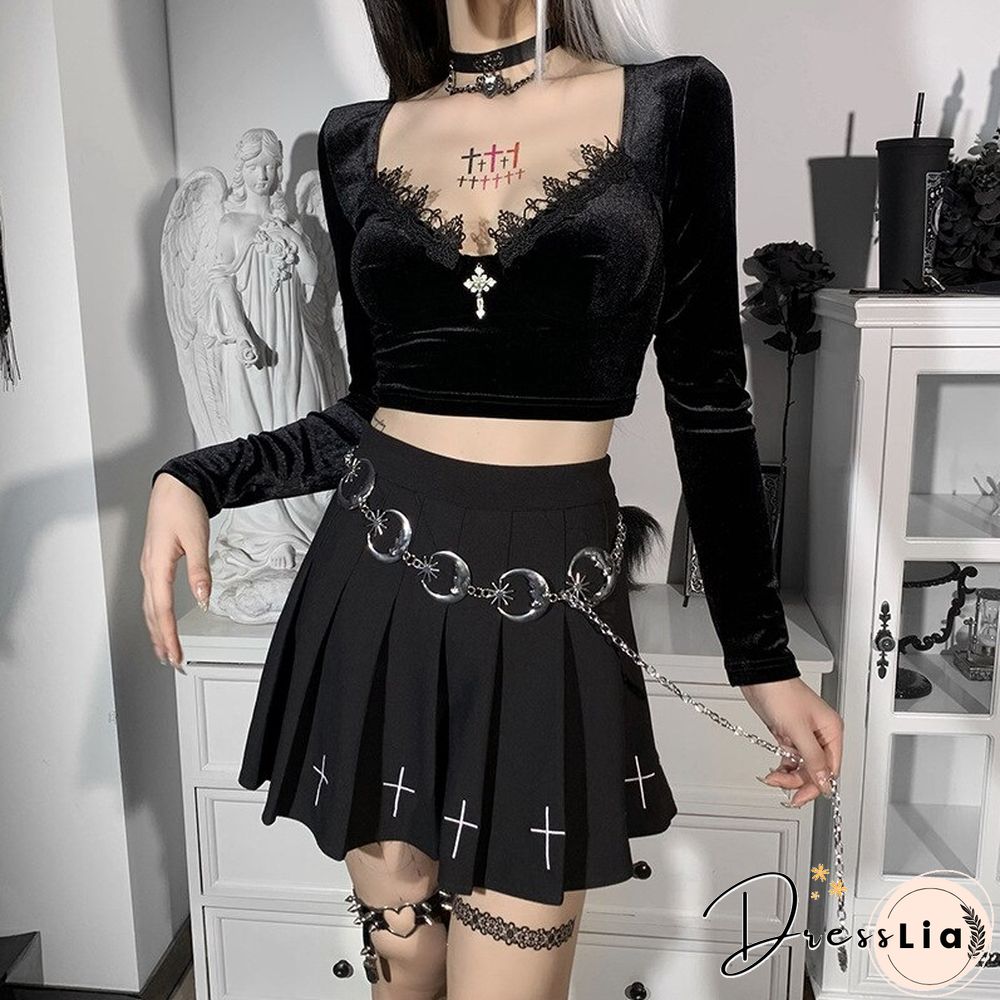 Sexy V Neck Velvet T Shirts Women Lace Patchwork Long Sleeve Black Top Female Dark Goth Short Slim Fit Tee Tops Mujer Harajuku
